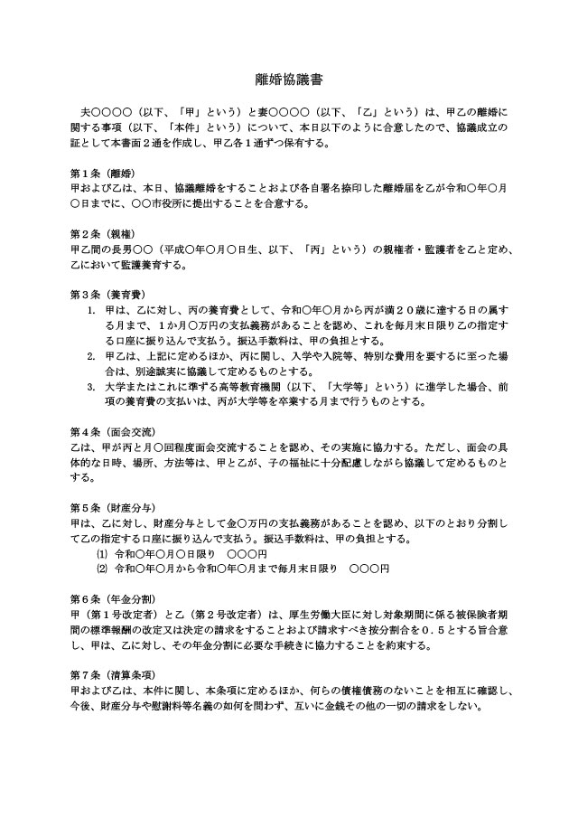 離婚協議書（慰謝料なし）